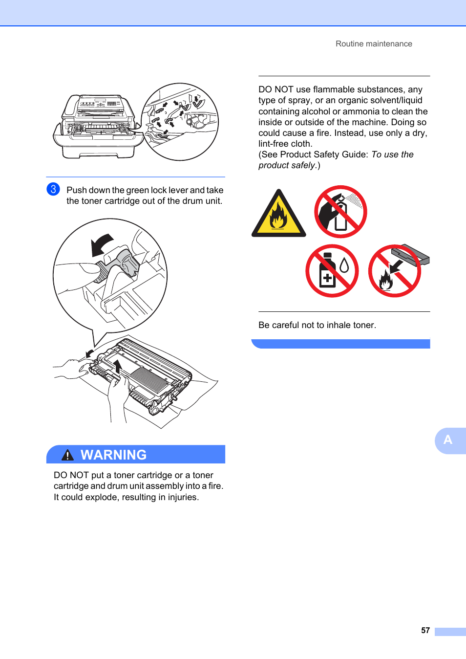 Warning, Be careful not to inhale toner, Routine maintenance 57 | Brother FAX-2840 User Manual | Page 69 / 140