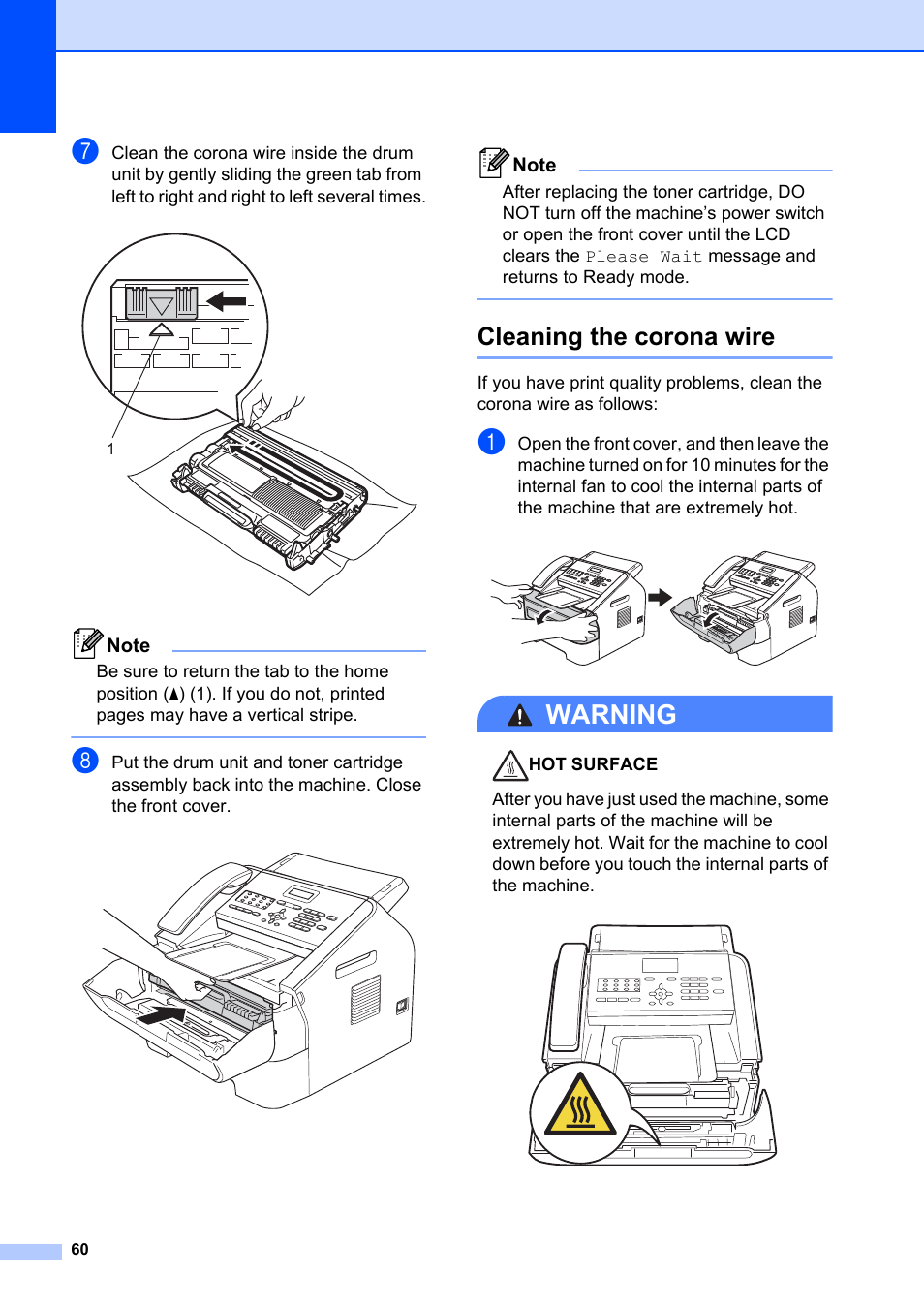 Cleaning the corona wire, Warning | Brother FAX-2840 User Manual | Page 72 / 140