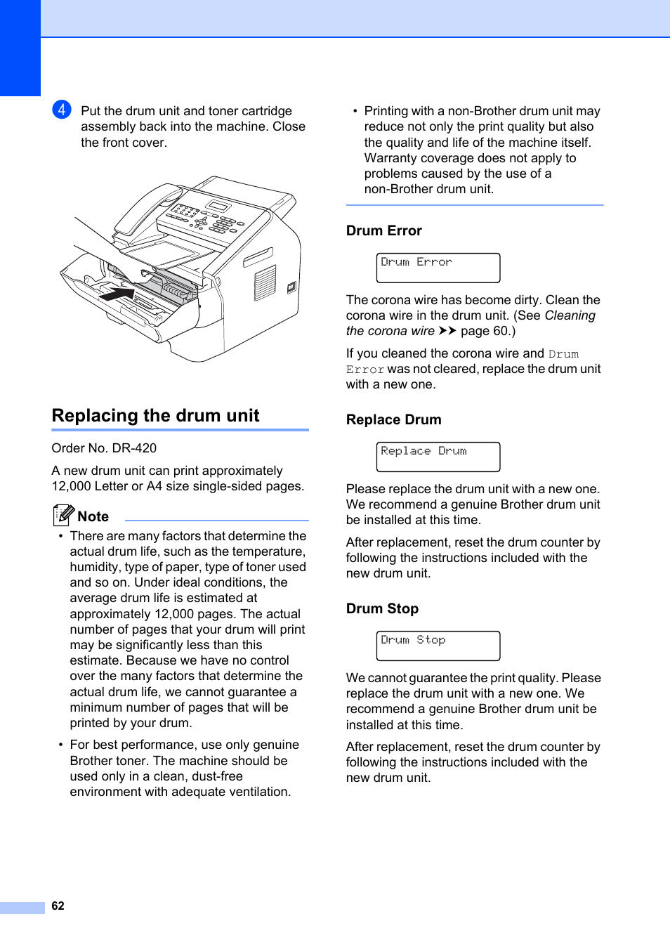 Replacing the drum unit, Drum error, Replace drum | Drum stop | Brother FAX-2840 User Manual | Page 74 / 140