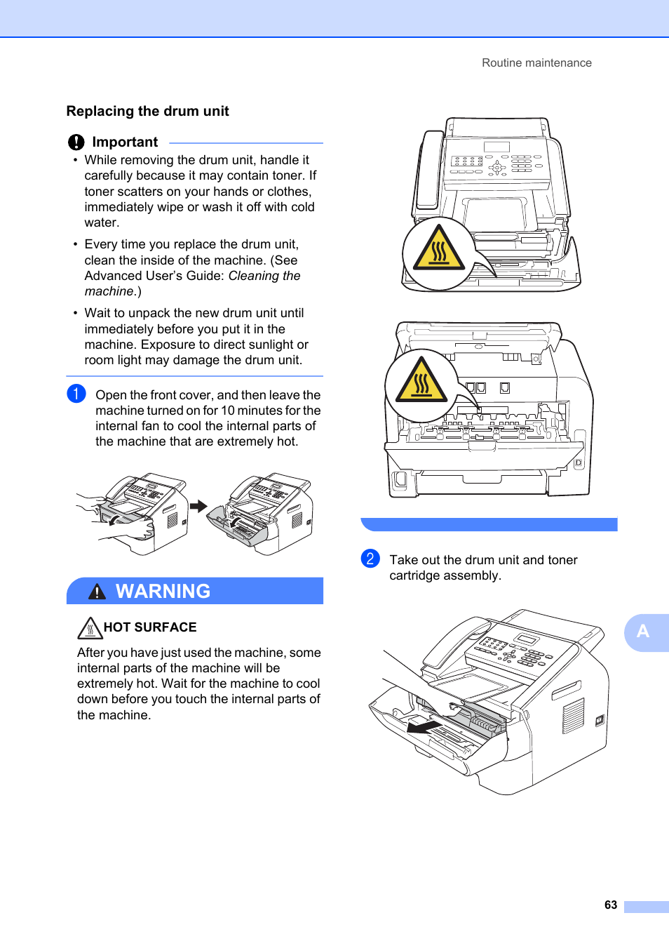 Replacing the drum unit, Warning, Important | Brother FAX-2840 User Manual | Page 75 / 140