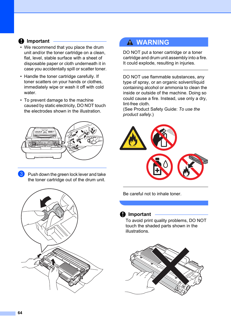 Warning, Important, Be careful not to inhale toner | Brother FAX-2840 User Manual | Page 76 / 140