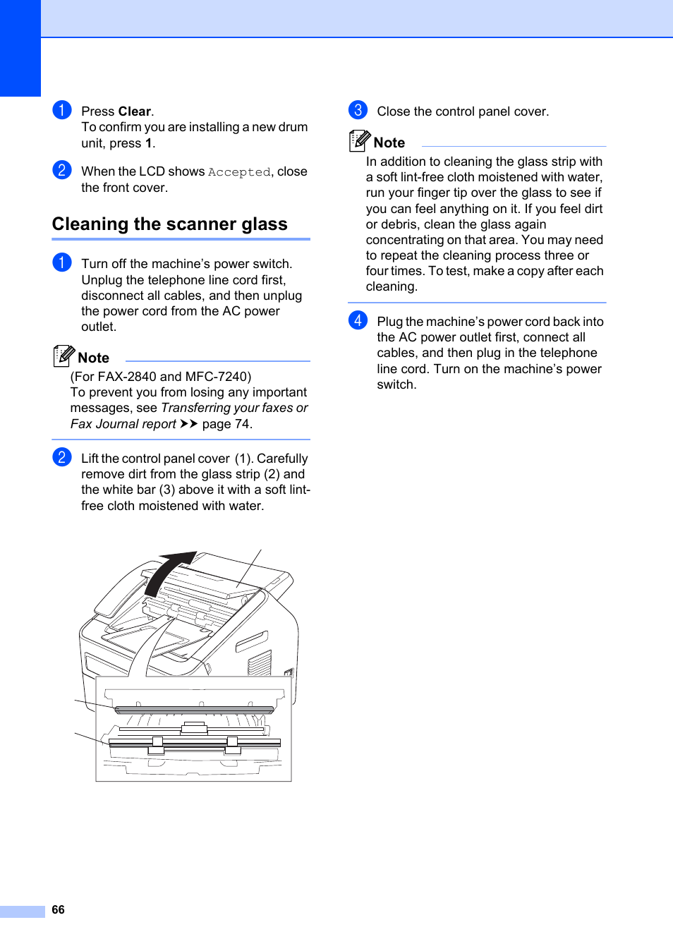 Cleaning the scanner glass | Brother FAX-2840 User Manual | Page 78 / 140