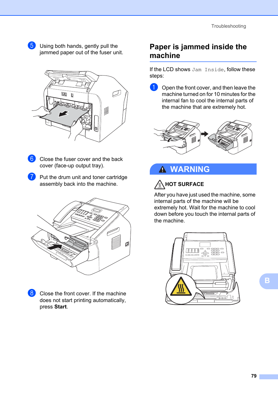 Paper is jammed inside the machine, Paper is jammed inside the machine uu, Warning | Brother FAX-2840 User Manual | Page 91 / 140