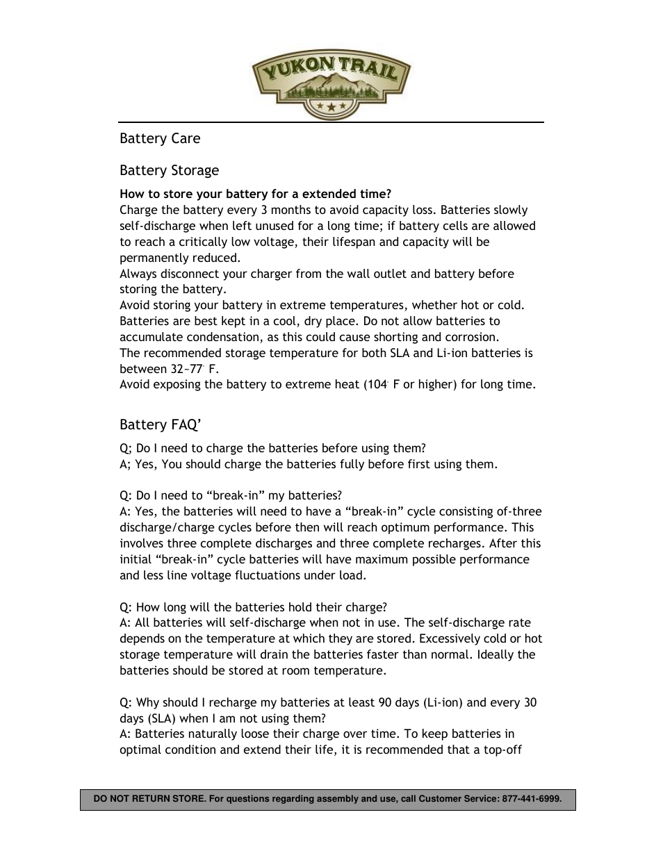 Battery care battery storage, Battery faq | Yukon Trail Dirt Hawk 20 Owners Manual User Manual | Page 21 / 33