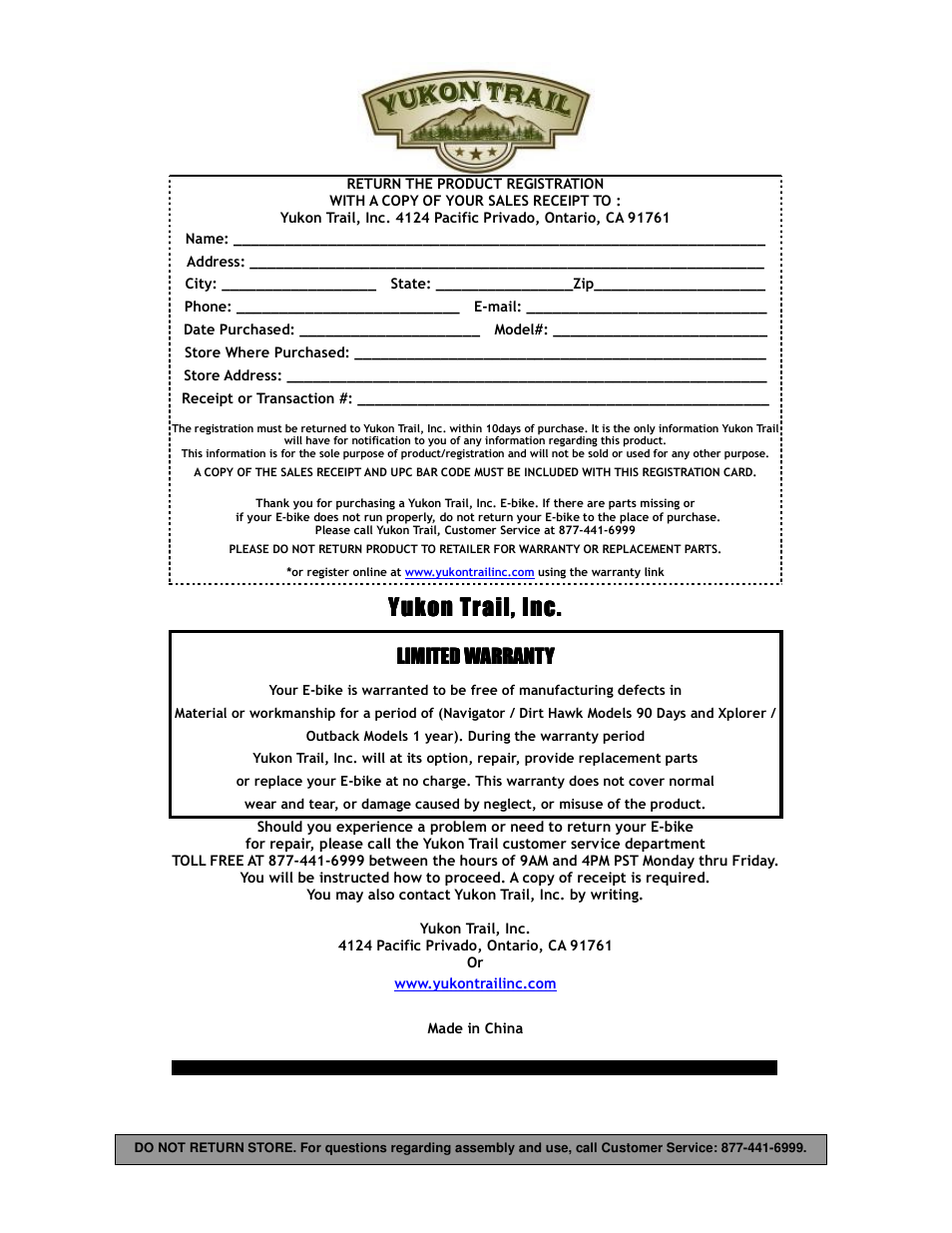 Yukon trail, Yukon trail yukon trail, inc. , inc. , inc. , inc, Limited warranty | Yukon Trail Dirt Hawk 20 Owners Manual User Manual | Page 33 / 33
