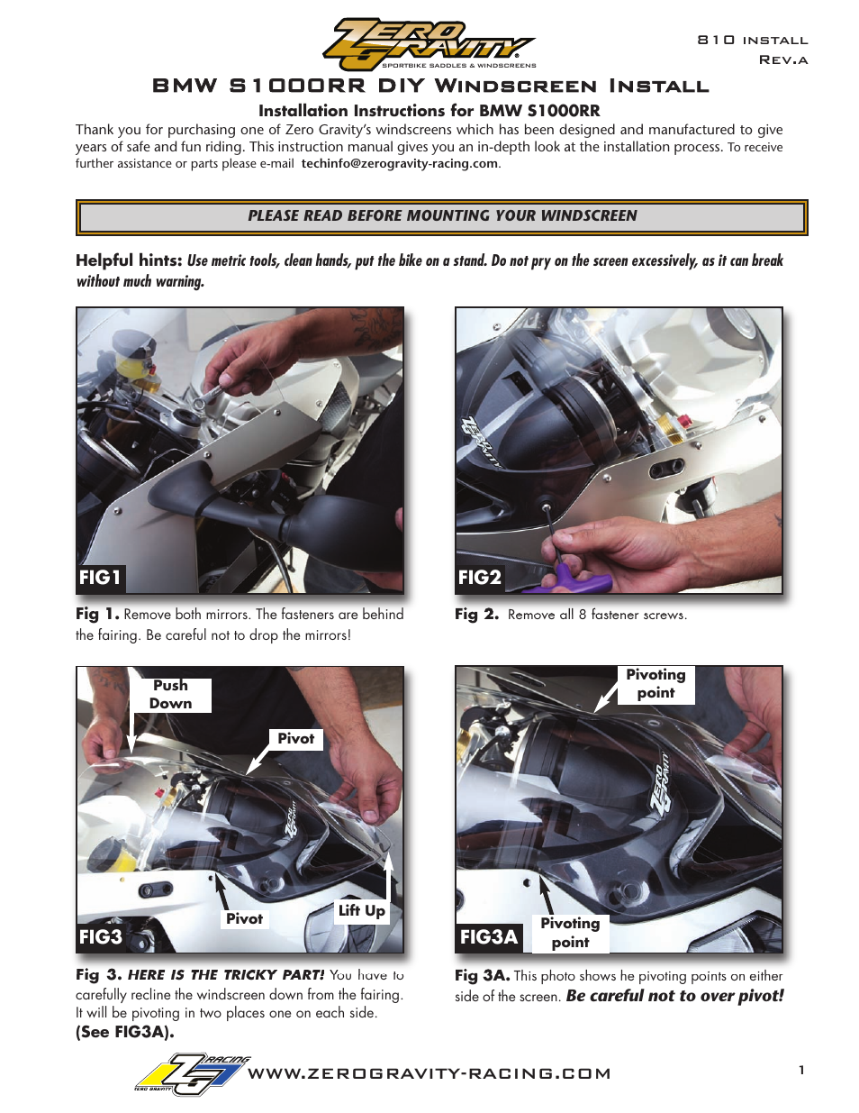 Zero Gravity BMW S1000RR Windscreen User Manual | 2 pages