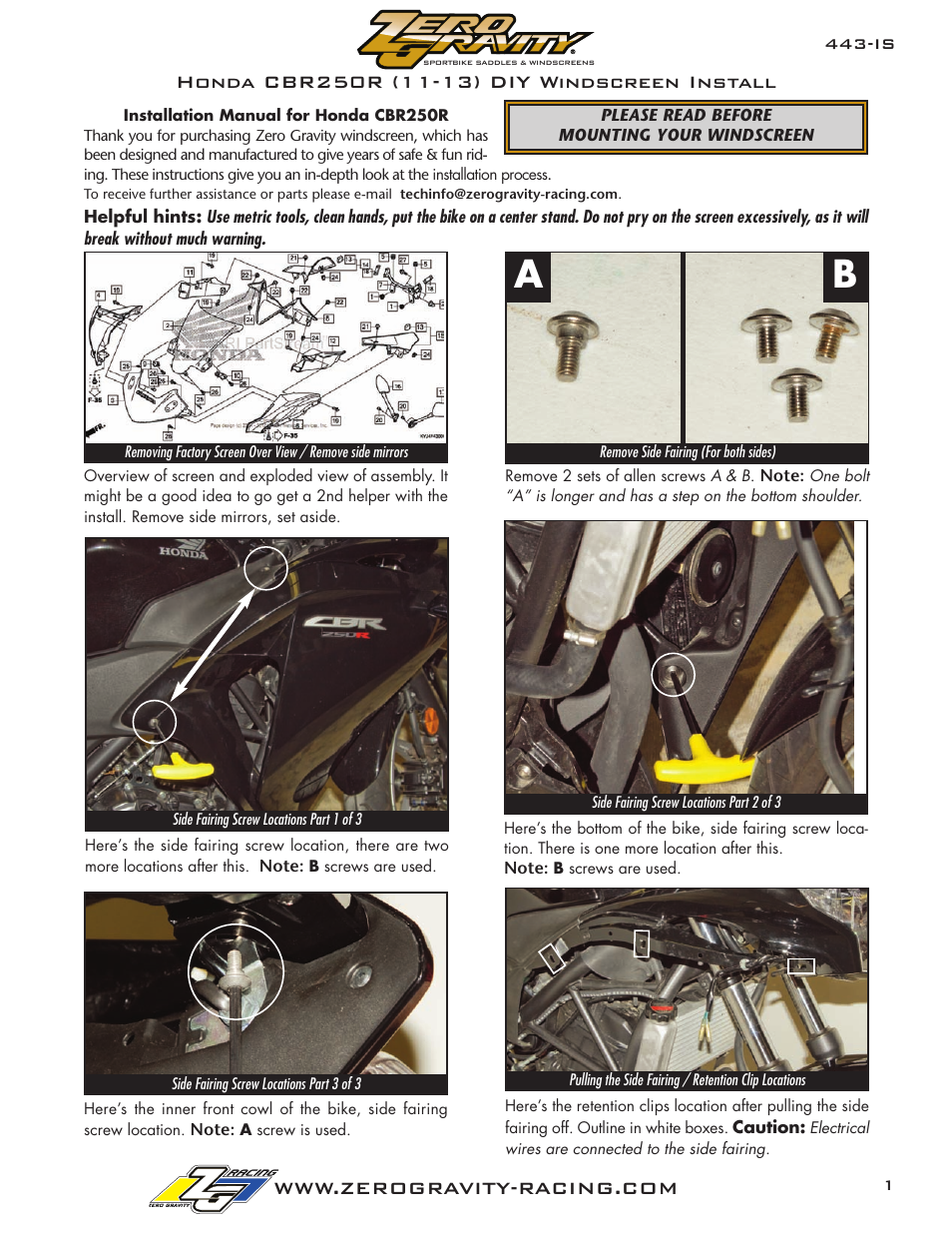 Zero Gravity Honda CBR 250R (11-12) Windscreen User Manual | 6 pages