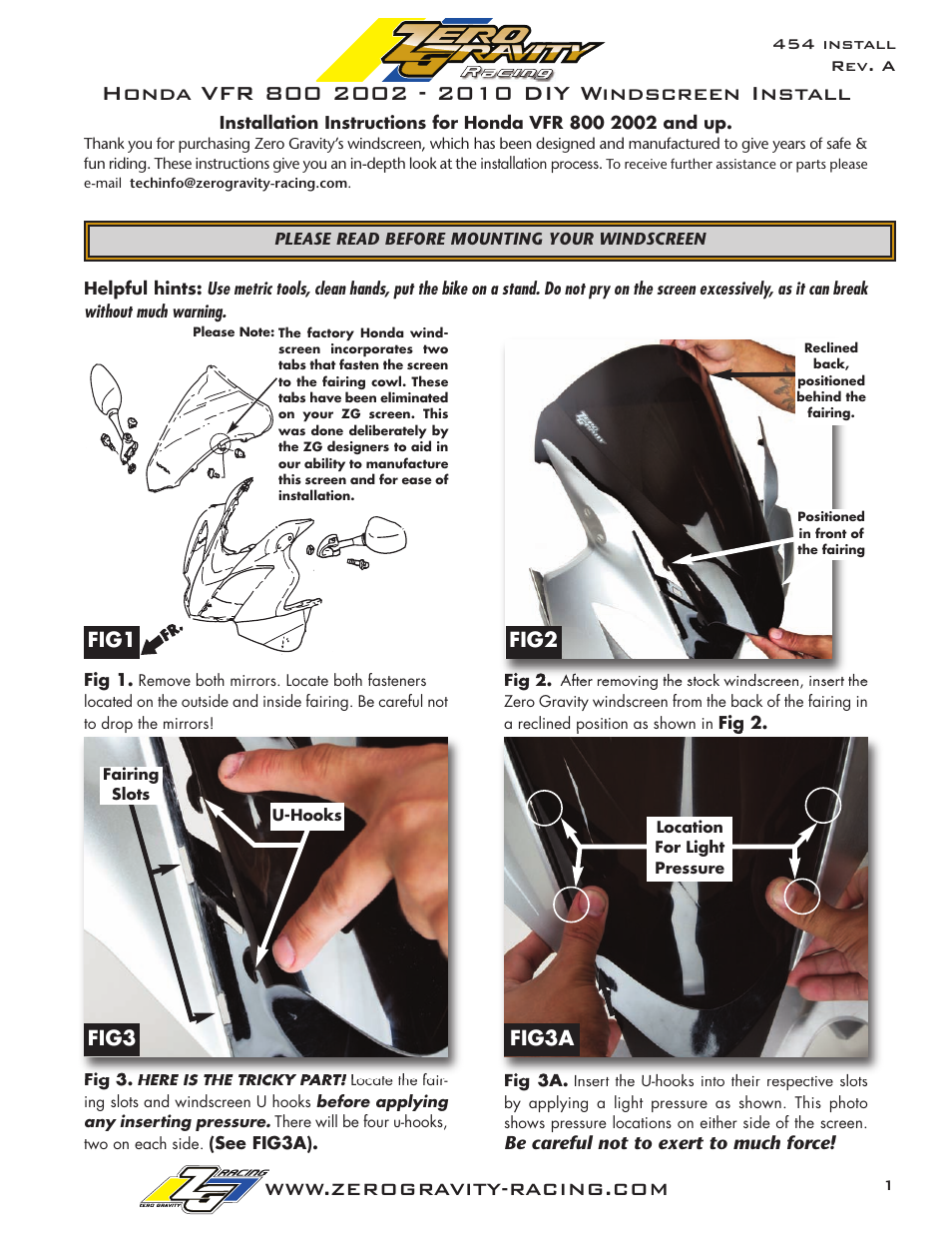 Zero Gravity Honda VFR 800 (2002 and up) Windscreen User Manual | 2 pages