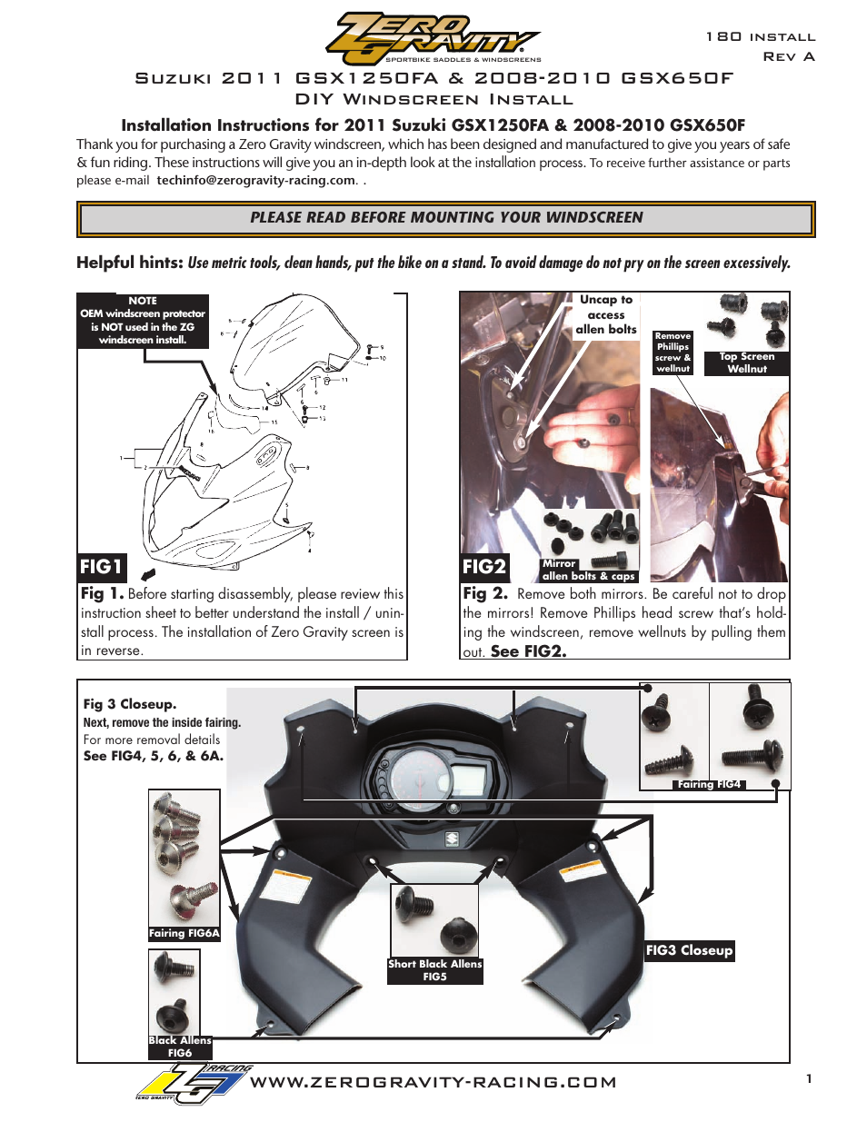 Zero Gravity Suzuki GSX650F (2008-2010) & GSX1250FA (2011-Present) Windscreen User Manual | 4 pages