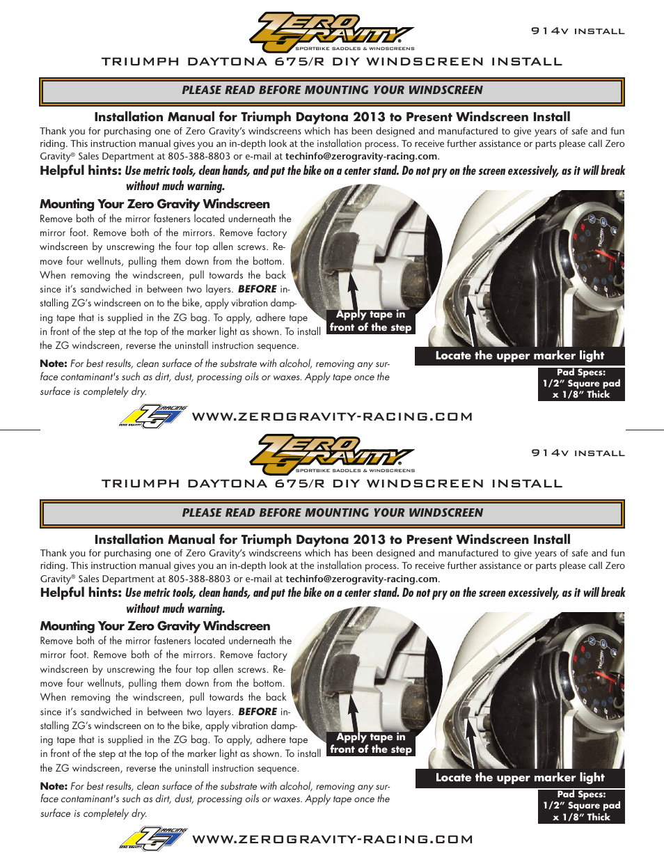 Zero Gravity Triumph Daytona 675 (2013) Windscreen User Manual | 1 page