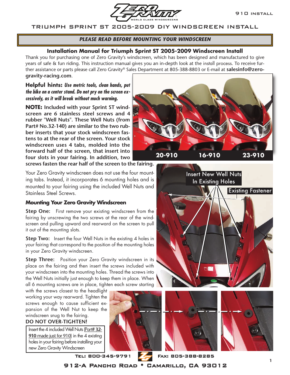 Zero Gravity Triumph Sprint ST (05-09) Windscreen User Manual | 1 page