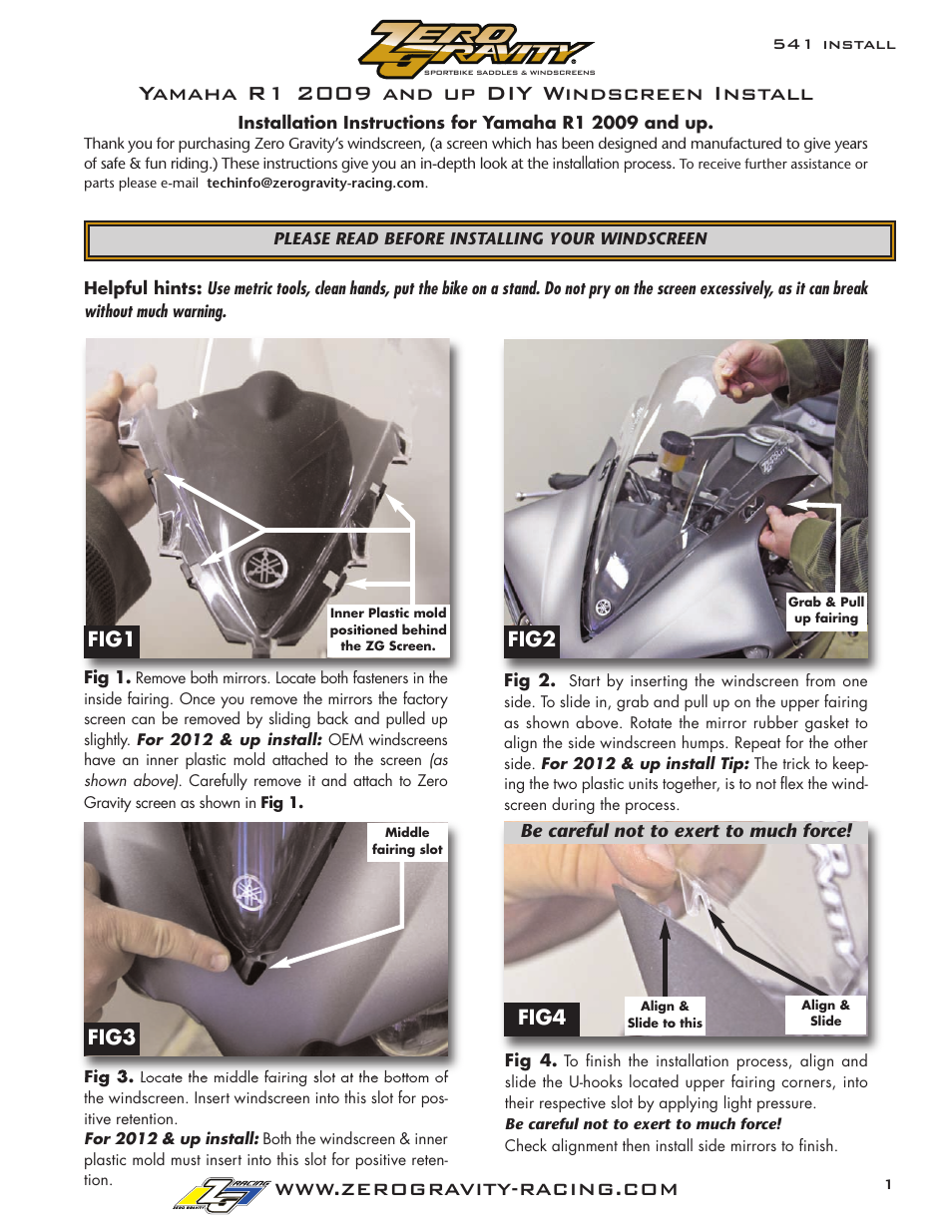 Zero Gravity Yamaha R1/LE (09-13) Windscreen User Manual | 1 page