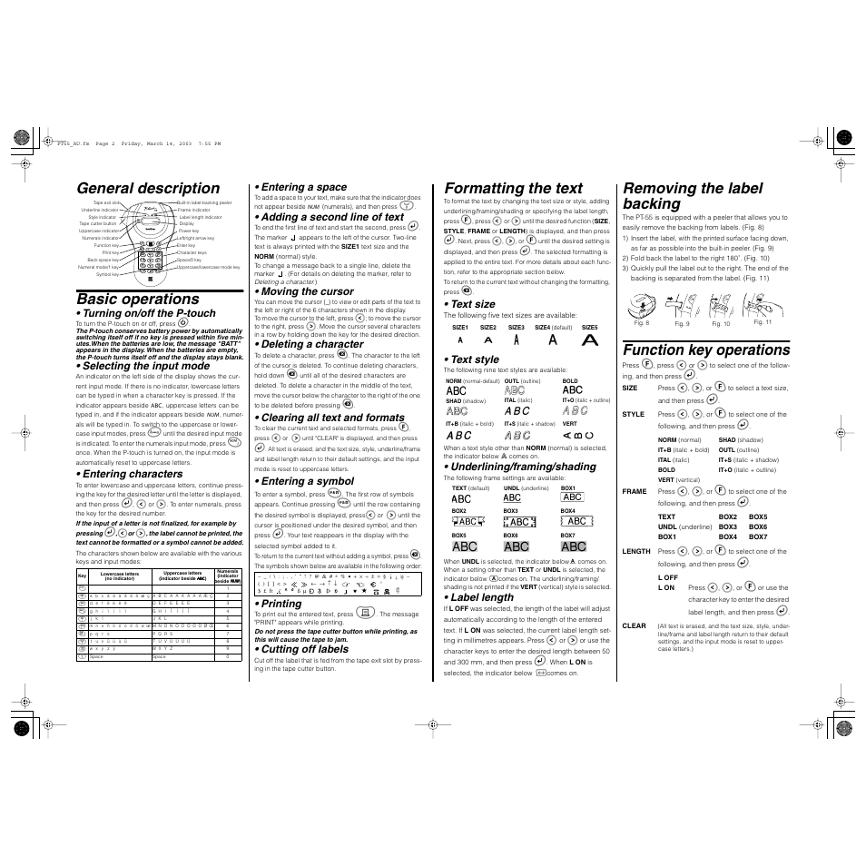 General description basic operations, Formatting the text, Removing the label backing | Function key operations, Turning on/off the p-touch, Selecting the input mode, Entering characters, Entering a space, Adding a second line of text, Moving the cursor | Brother P-touch LN0617001 User Manual | Page 2 / 2