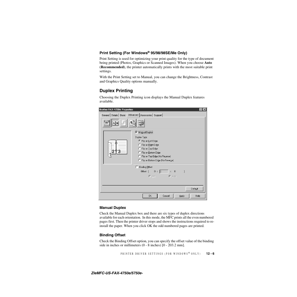 Print setting (for windows® 95/98/98se/me only), Duplex printing, Manual duplex | Binding offset, Print setting (for windows, 95/98/98se/me only) -6, Duplex printing -6, Manual duplex -6 binding offset -6 | Brother FAX-4750e User Manual | Page 108 / 231