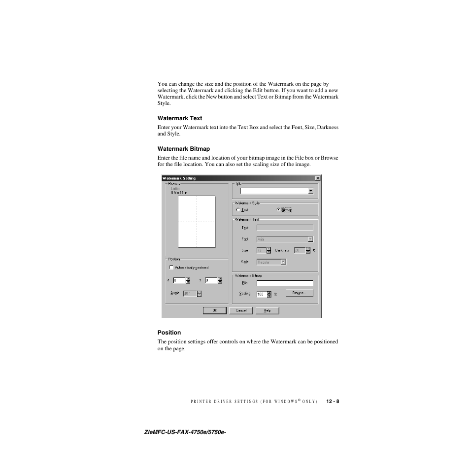 Watermark text, Watermark bitmap, Position | Watermark text -8 watermark bitmap -8 position -8 | Brother FAX-4750e User Manual | Page 110 / 231