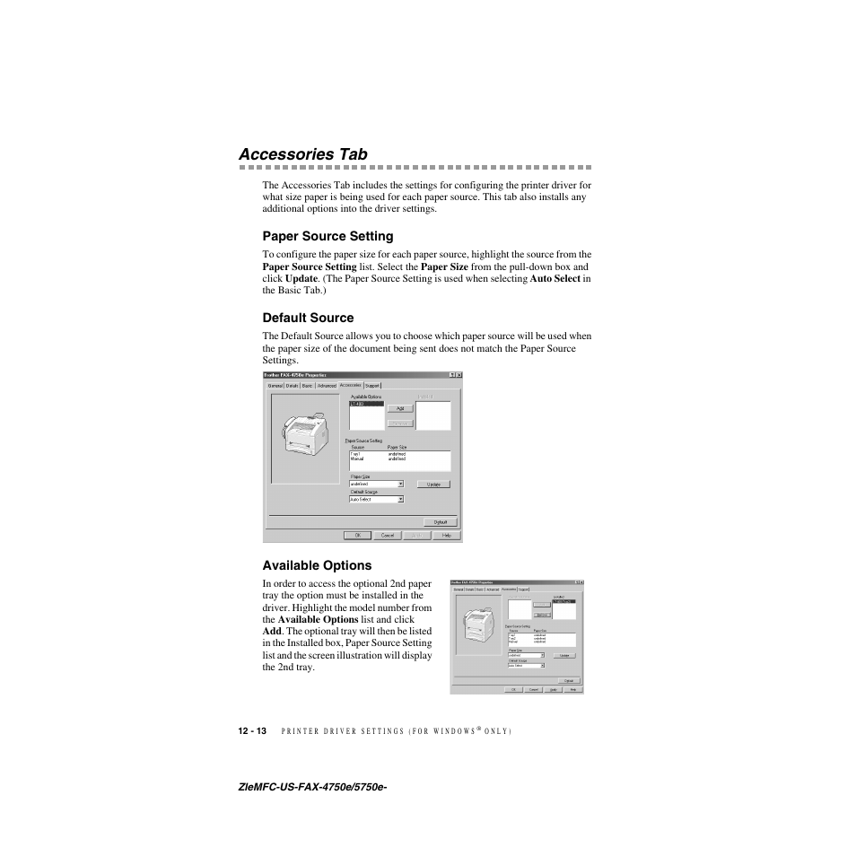 Accessories tab, Paper source setting, Default source | Available options, Accessories tab -13 | Brother FAX-4750e User Manual | Page 115 / 231