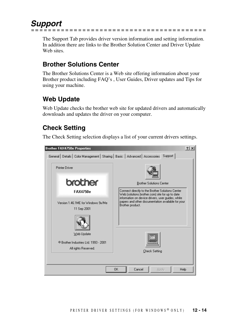 Support -14, Support, Brother solutions center | Web update, Check setting | Brother FAX-4750e User Manual | Page 116 / 231