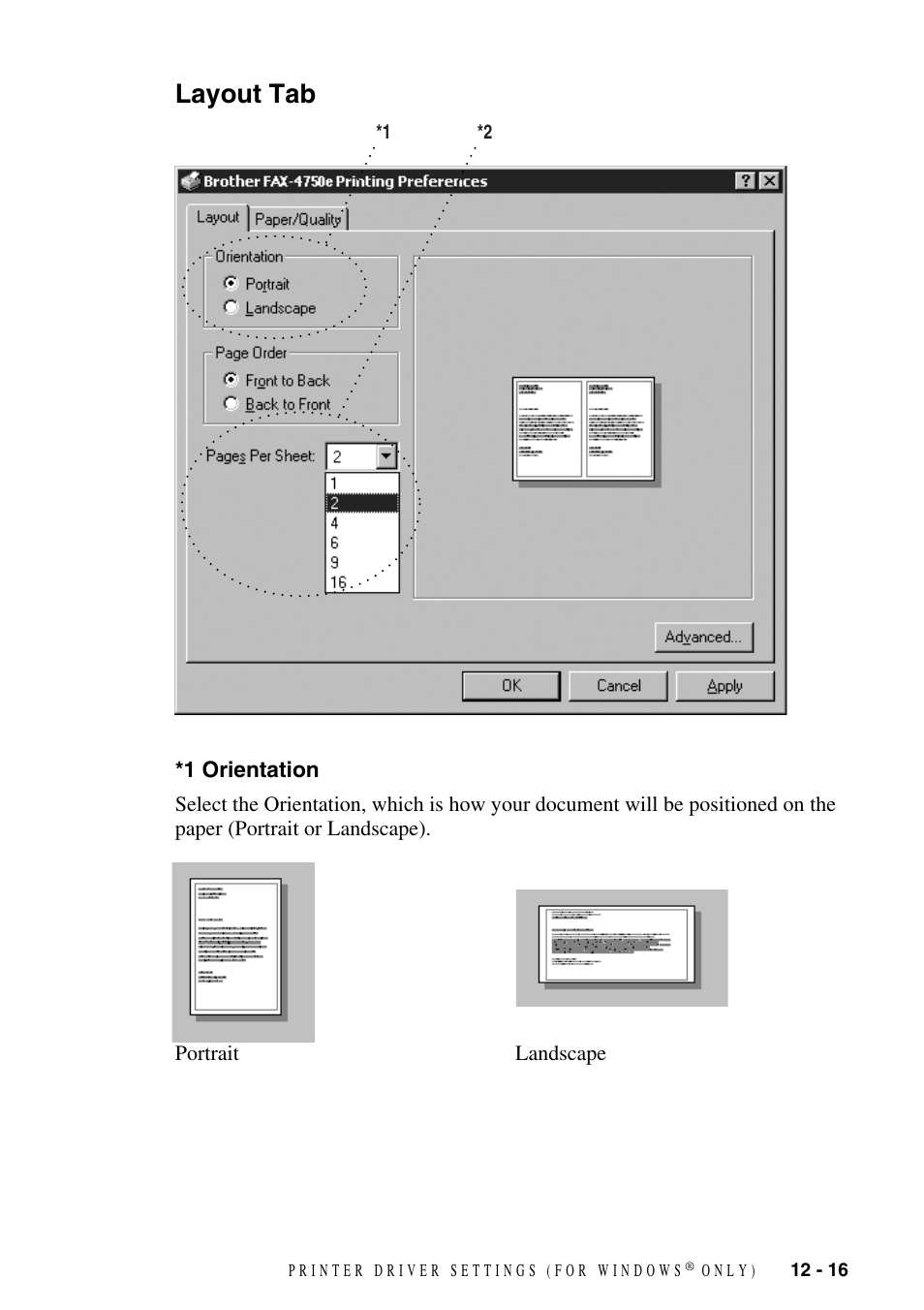 Layout tab -16, 1 orientation -16, Layout tab | Brother FAX-4750e User Manual | Page 118 / 231