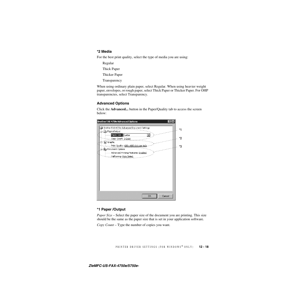 2 media, Advanced options, 1 paper /output | Brother FAX-4750e User Manual | Page 120 / 231