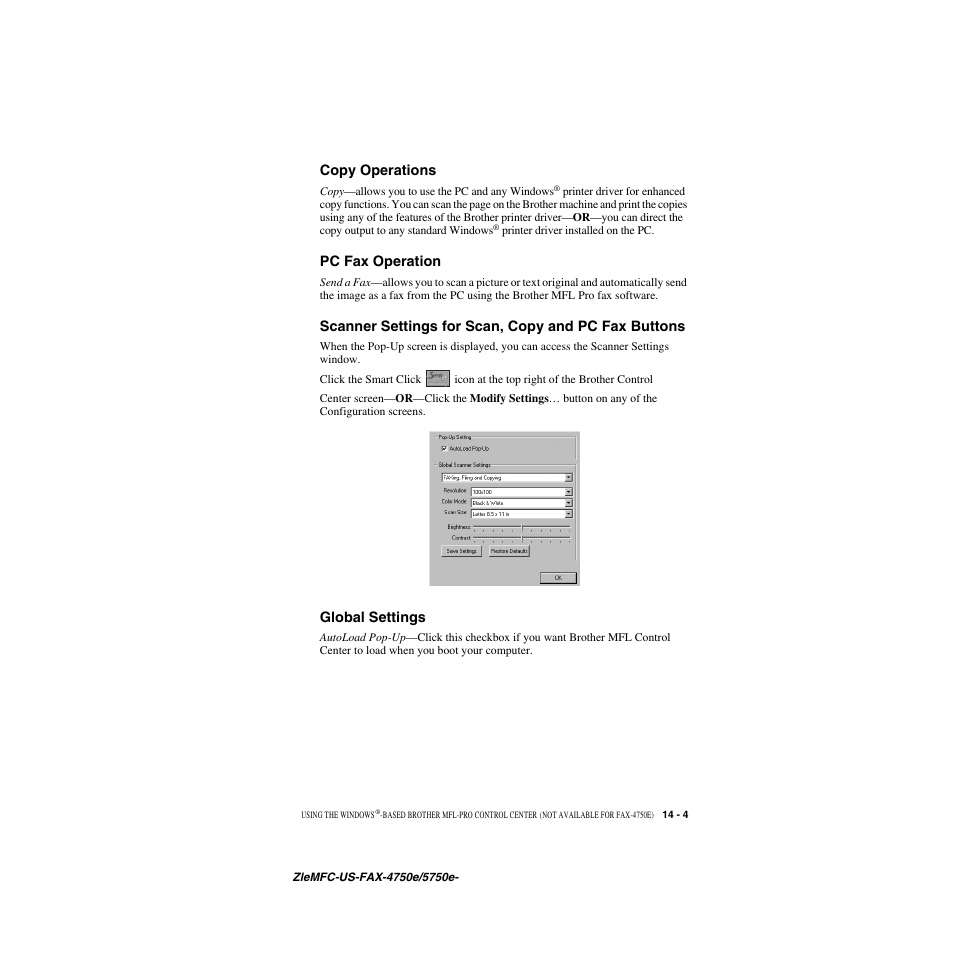 Copy operations, Pc fax operation, Scanner settings for scan, copy and pc fax buttons | Global settings | Brother FAX-4750e User Manual | Page 128 / 231