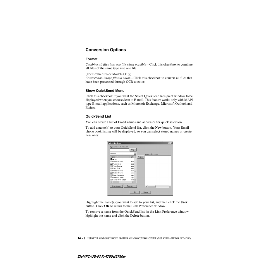 Conversion options, Format, Show quicksend menu | Quicksend list, Conversion options -9, Format -9 show quicksend menu -9 quicksend list -9 | Brother FAX-4750e User Manual | Page 133 / 231