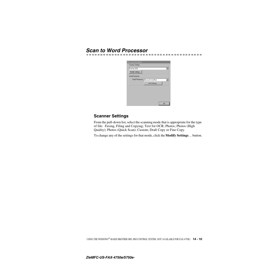 Scan to word processor, Scanner settings, Scan to word processor -10 | Scanner settings -10 | Brother FAX-4750e User Manual | Page 134 / 231