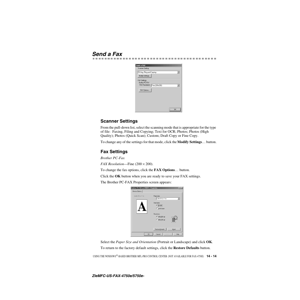 Send a fax, Scanner settings, Fax settings | Send a fax -14, Scanner settings -14 fax settings -14 | Brother FAX-4750e User Manual | Page 138 / 231