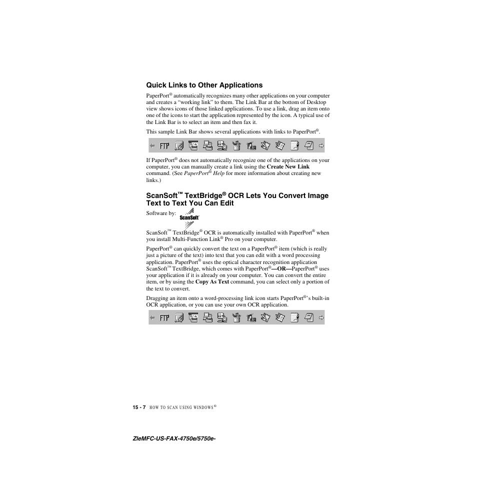 Quick links to other applications, Quick links to other applications -7 scansoft, Textbridge | Ocr lets you convert image, Text to text you can edit -7, Scansoft | Brother FAX-4750e User Manual | Page 145 / 231