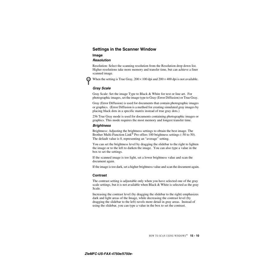 Settings in the scanner window, Image, Contrast | Settings in the scanner window -10, Image -10 contrast -10 | Brother FAX-4750e User Manual | Page 148 / 231