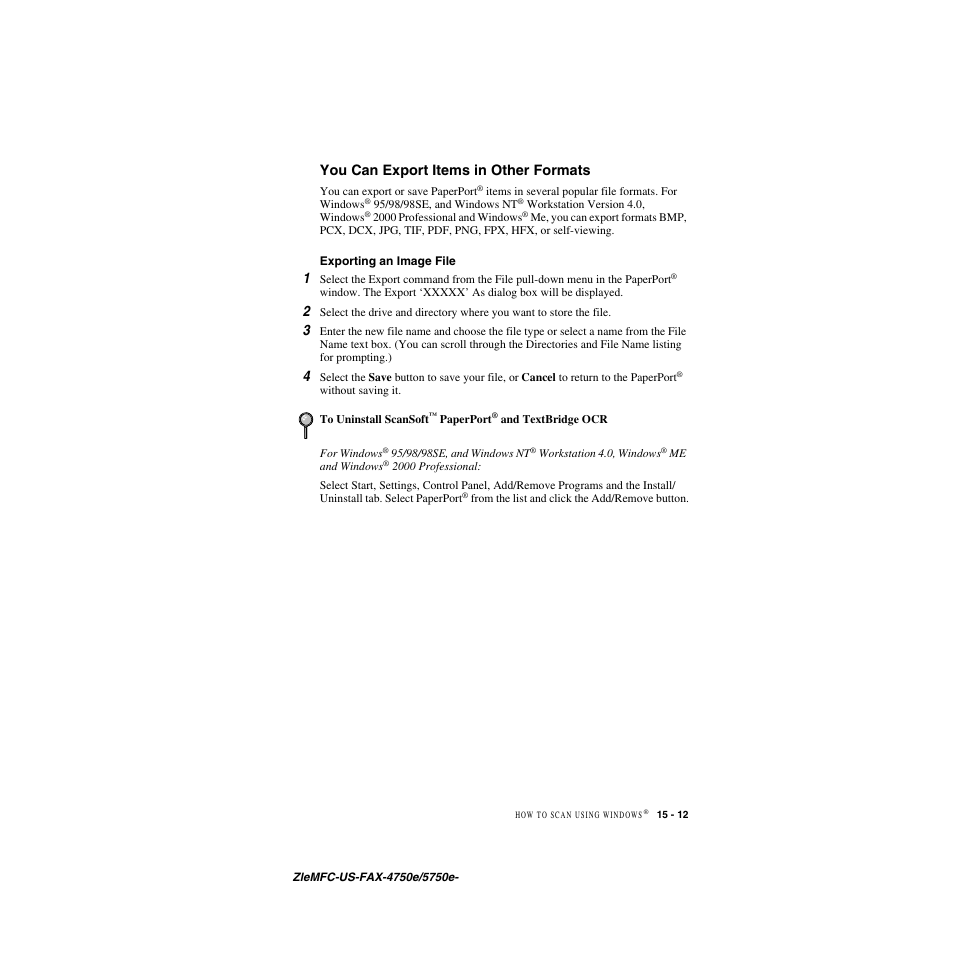 You can export items in other formats, Exporting an image file, You can export items in other formats -12 | Exporting an image file -12 | Brother FAX-4750e User Manual | Page 150 / 231
