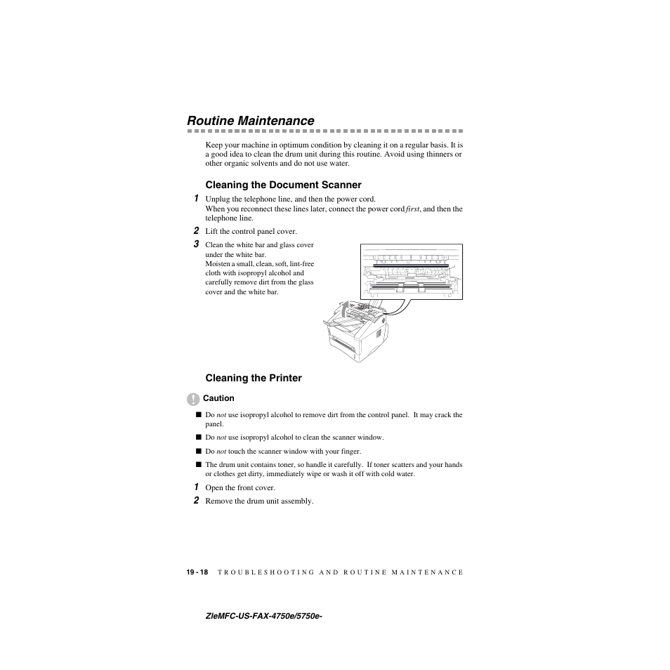 Routine maintenance, Cleaning the document scanner, Cleaning the printer | Routine maintenance -18, 18 to 19-20), Cleaning the document, Scanner, Corona wire of the toner cartridge. (see, Routine, Maintenance | Brother FAX-4750e User Manual | Page 199 / 231