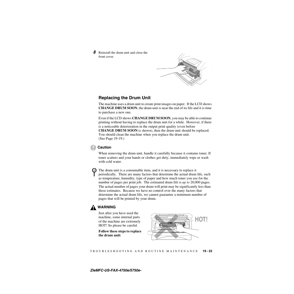 Replacing the drum unit, Replacing the drum unit -23 | Brother FAX-4750e User Manual | Page 204 / 231