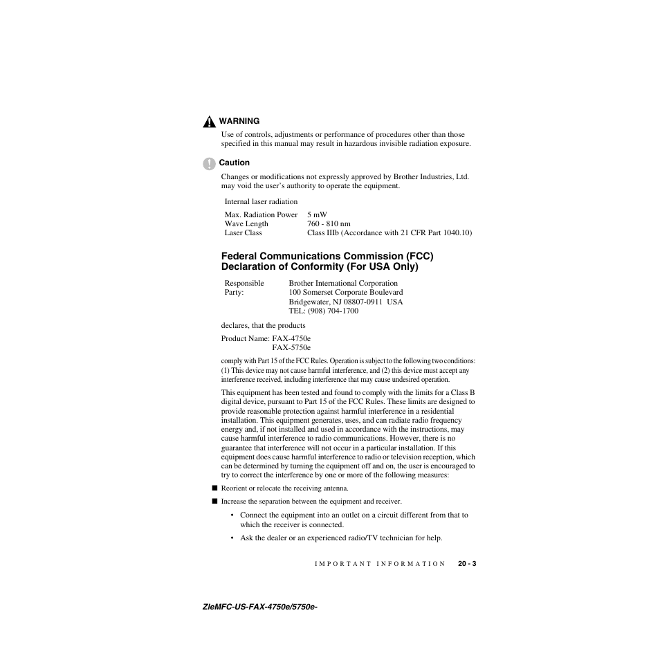 Of conformity (for usa only) -3 | Brother FAX-4750e User Manual | Page 208 / 231