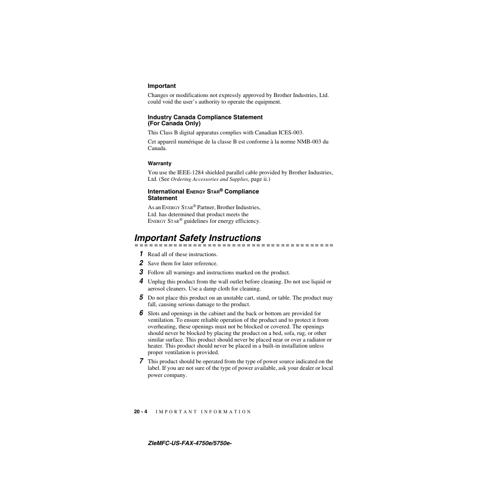 Important, Warranty, International energy star® compliance statement | Important safety instructions, Important -4 industry canada compliance statement, For canada only) -4, Warranty -4 international energy star, Compliance, Statement -4, Important safety instructions -4 | Brother FAX-4750e User Manual | Page 209 / 231