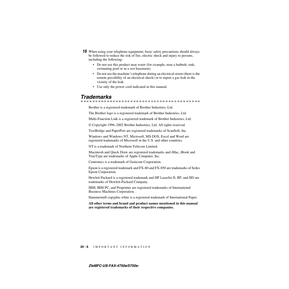 Trademarks, Trademarks -6 | Brother FAX-4750e User Manual | Page 211 / 231