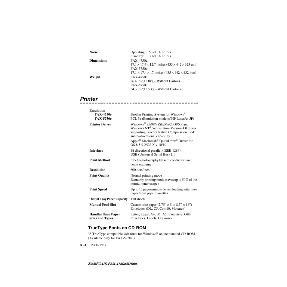 Printer, Truetype fonts on cd-rom | Brother FAX-4750e User Manual | Page 219 / 231