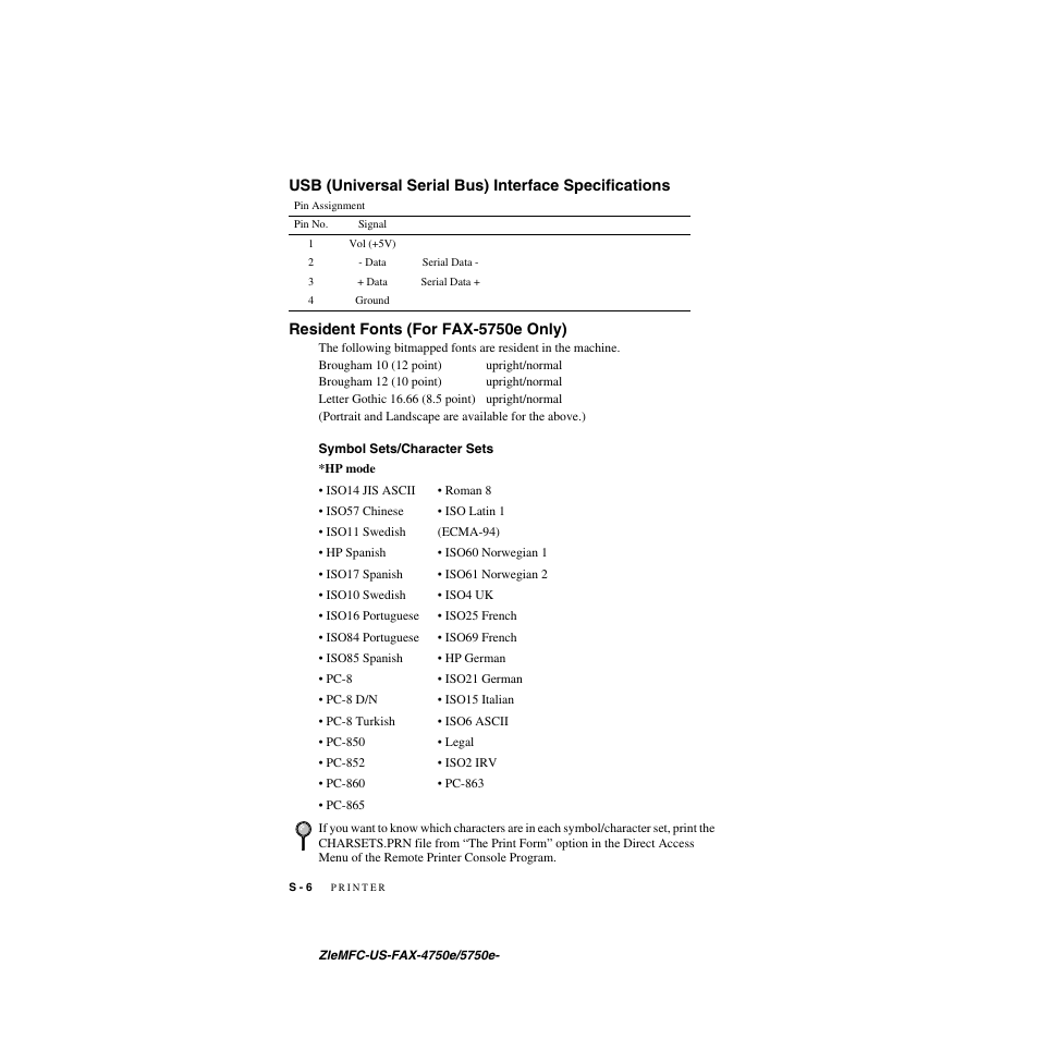 Resident fonts (for fax-5750e only), Symbol sets/character sets | Brother FAX-4750e User Manual | Page 221 / 231