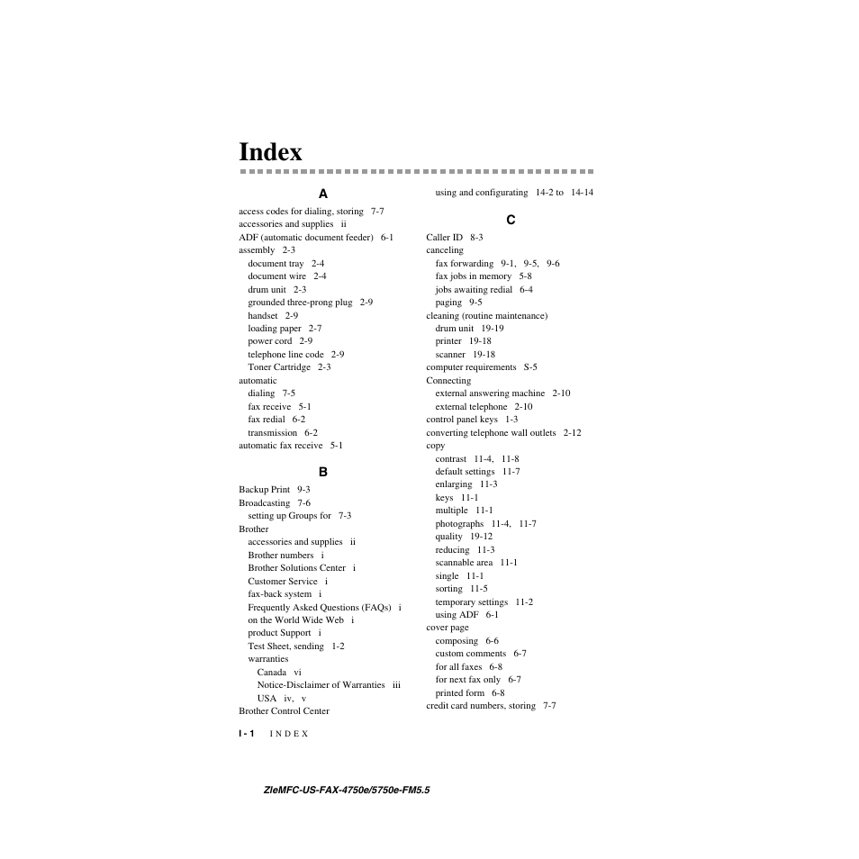 Index | Brother FAX-4750e User Manual | Page 223 / 231