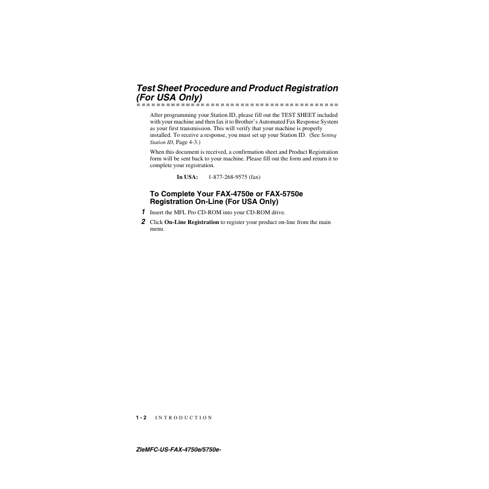 To complete your fax-4750e or fax-5750e, Registration on-line (for usa only) -2 | Brother FAX-4750e User Manual | Page 23 / 231