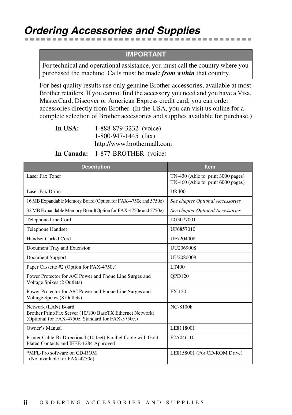Ordering accessories and supplies | Brother FAX-4750e User Manual | Page 4 / 231