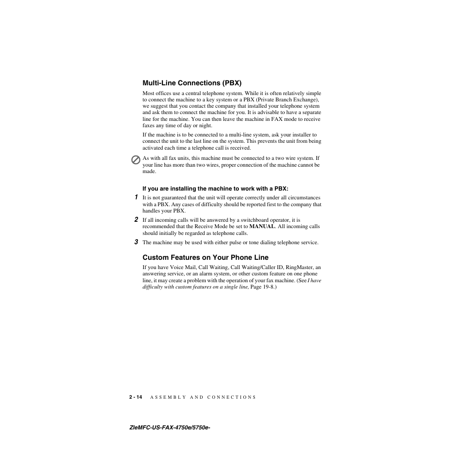 Multi-line connections (pbx), Custom features on your phone line, Multi-line connections (pbx) -14 | Custom features on your phone line -14 | Brother FAX-4750e User Manual | Page 41 / 231