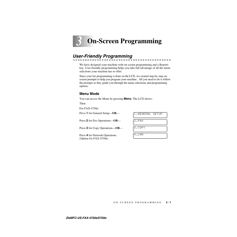 3 on-screen programming, User-friendly programming, Menu mode | On-screen programming -1, User-friendly programming -1, Menu mode -1, On-screen programming | Brother FAX-4750e User Manual | Page 42 / 231