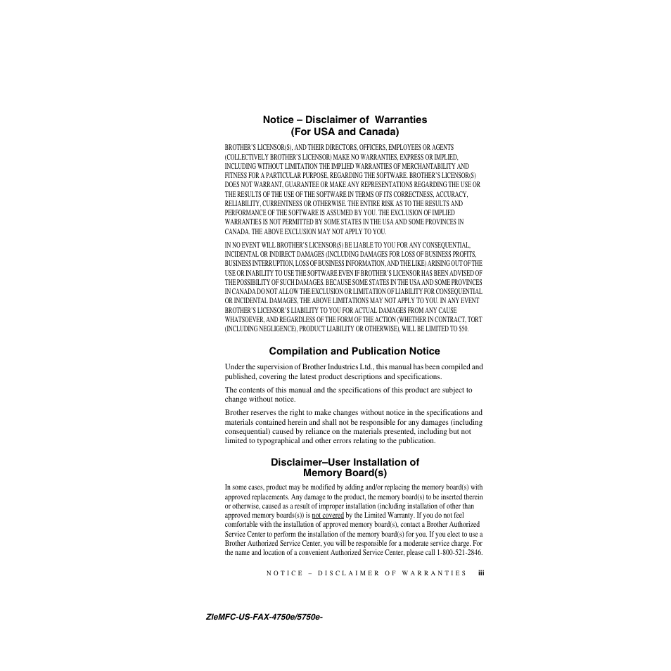 Compilation and publication notice, Disclaimer–user installation of memory board(s) | Brother FAX-4750e User Manual | Page 5 / 231