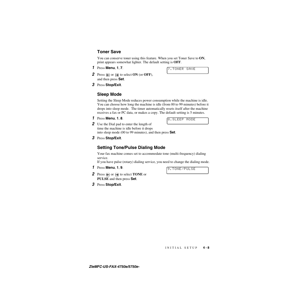 Toner save, Sleep mode, Setting tone/pulse dialing mode | Brother FAX-4750e User Manual | Page 56 / 231
