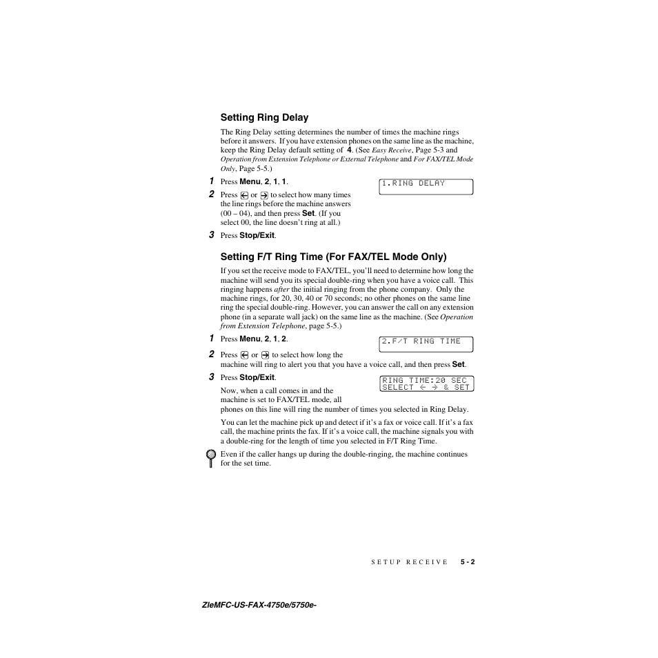 Setting ring delay, Setting f/t ring time (for fax/tel mode only) | Brother FAX-4750e User Manual | Page 58 / 231