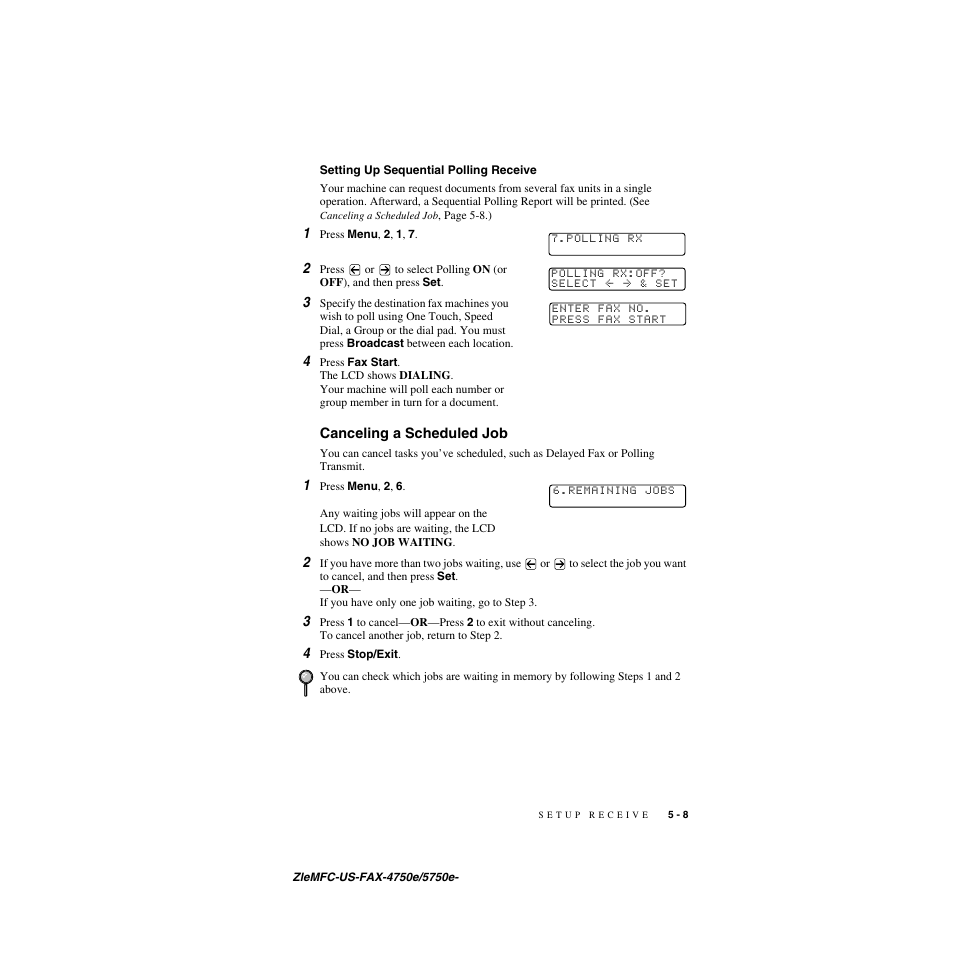 Setting up sequential polling receive, Canceling a scheduled job, Setting up sequential polling receive -8 | Canceling a scheduled job -8 | Brother FAX-4750e User Manual | Page 64 / 231