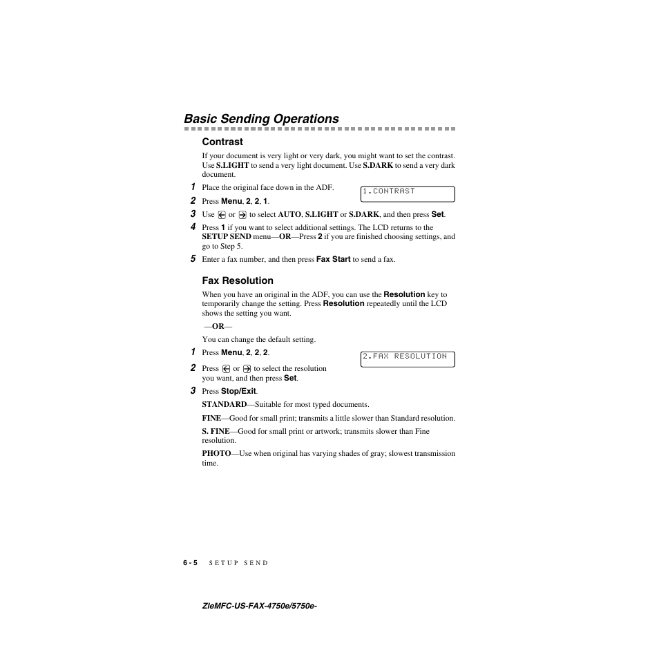 Basic sending operations, Contrast, Fax resolution | Basic sending operations -5, Contrast -5 fax resolution -5 | Brother FAX-4750e User Manual | Page 69 / 231