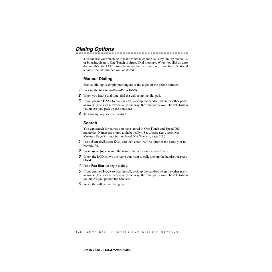 Dialing options, Manual dialing, Search | Dialing options -4, Manual dialing -4 search -4 | Brother FAX-4750e User Manual | Page 79 / 231