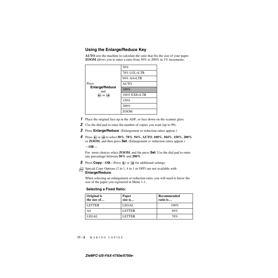 Using the enlarge/reduce key, Using the enlarge/reduce key -3 | Brother FAX-4750e User Manual | Page 97 / 231