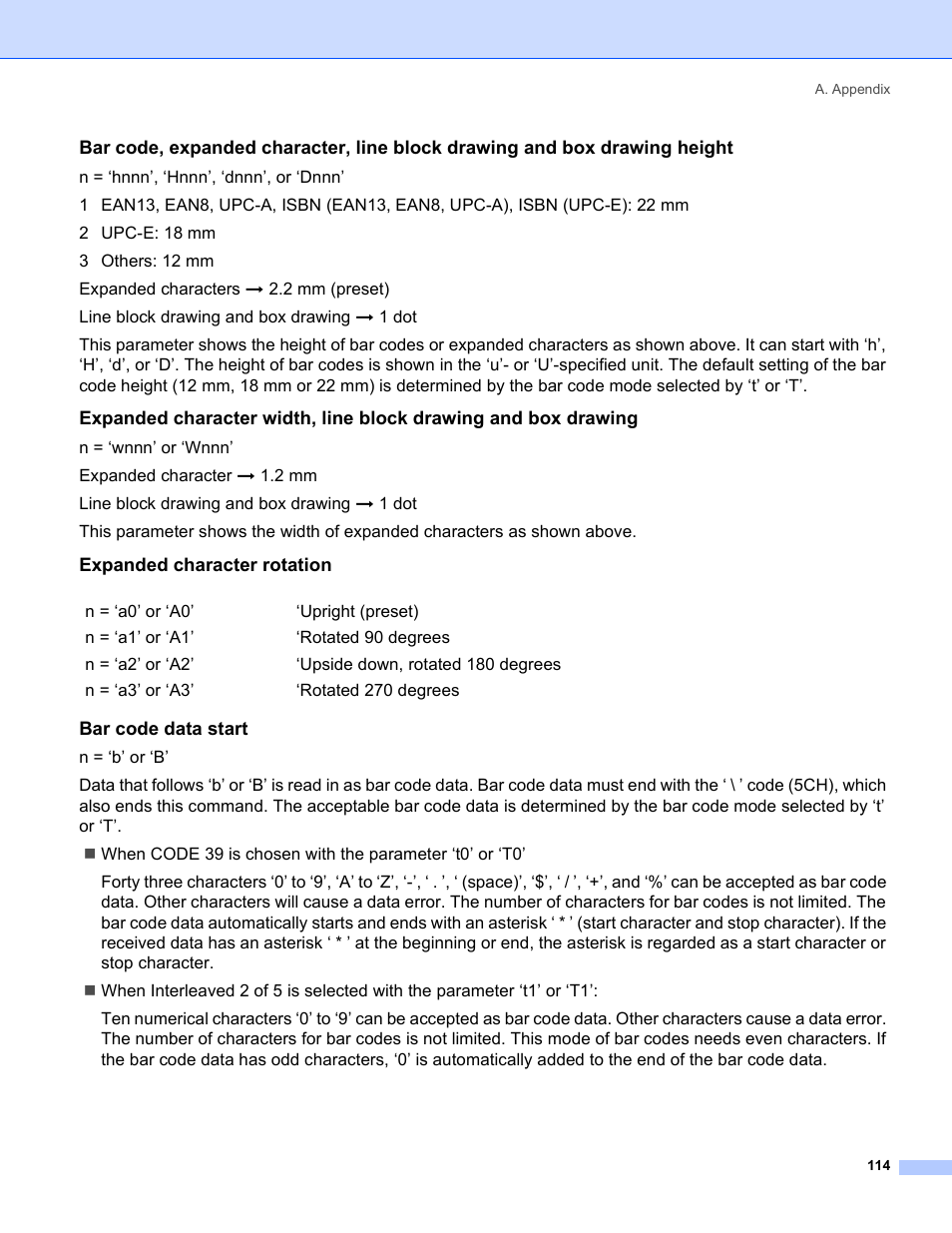 Expanded character rotation, Bar code data start | Brother HL-5250DN Series User Manual | Page 122 / 138